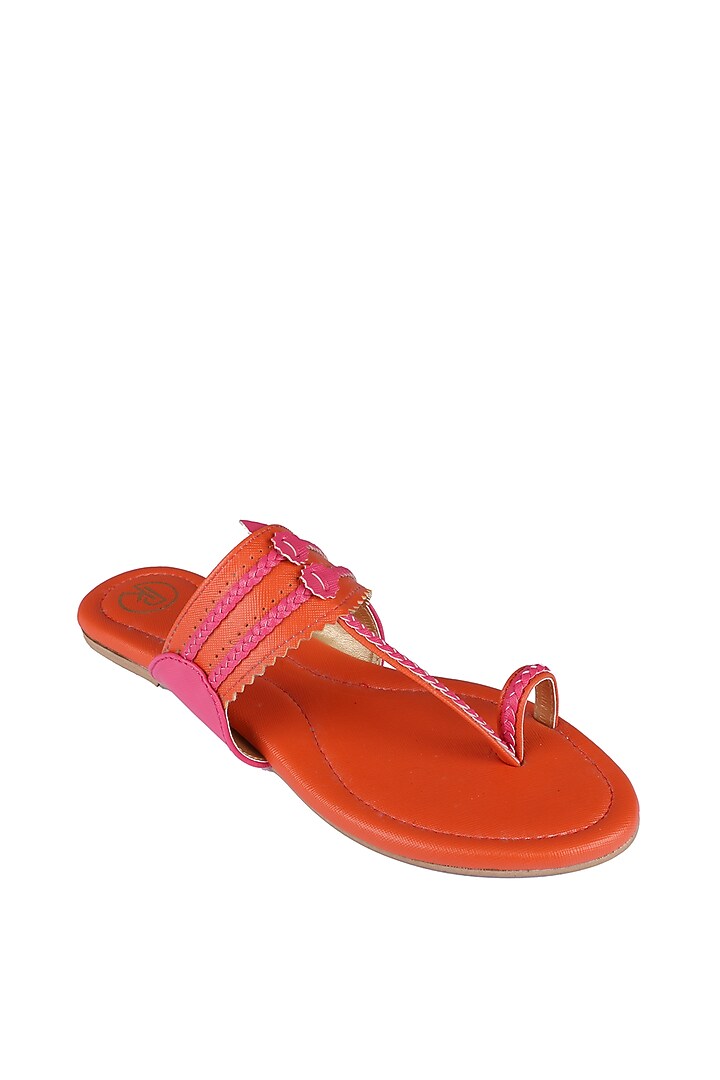 Orange Faux Leather Kolhapuri Flats by Preet Kaur at Pernia's Pop Up Shop