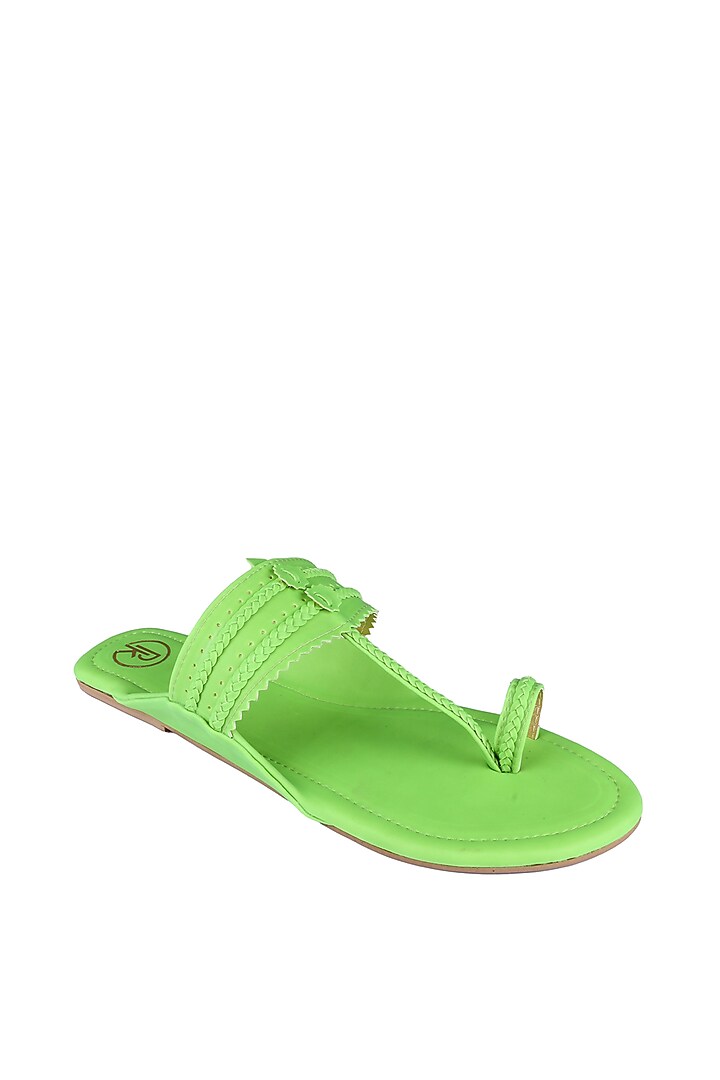 Neon Green Faux Leather Kolhapuri Flats by Preet Kaur at Pernia's Pop Up Shop