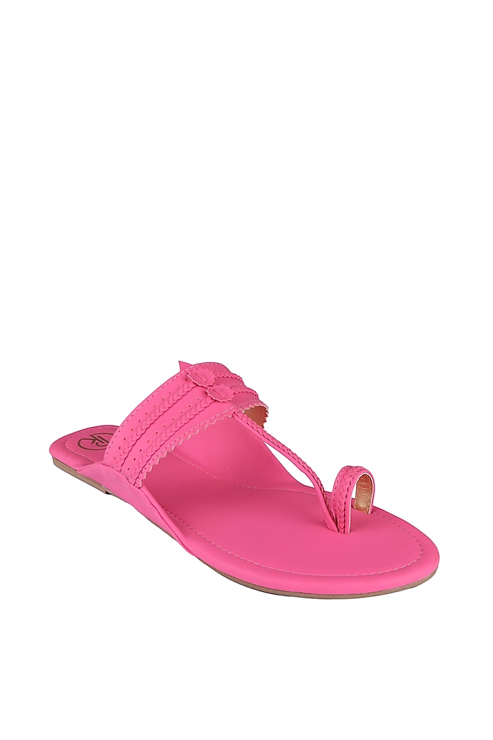 Neon Pink Faux Leather Kolhapuri Flats by Preet Kaur at Pernia's Pop Up Shop