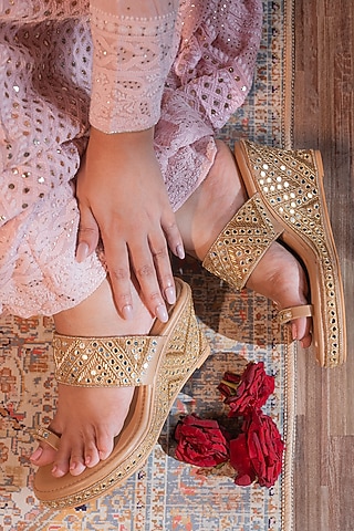 Beige Faux Leather Cutdana Hand Embroidered Wedges by Preet Kaur