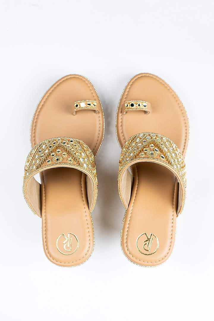 Beige Faux Leather Cutdana Hand Embroidered Wedges by Preet Kaur at Pernia's Pop Up Shop