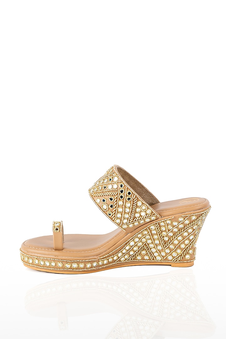 Beige Faux Leather Cutdana Hand Embroidered Wedges by Preet Kaur at Pernia's Pop Up Shop