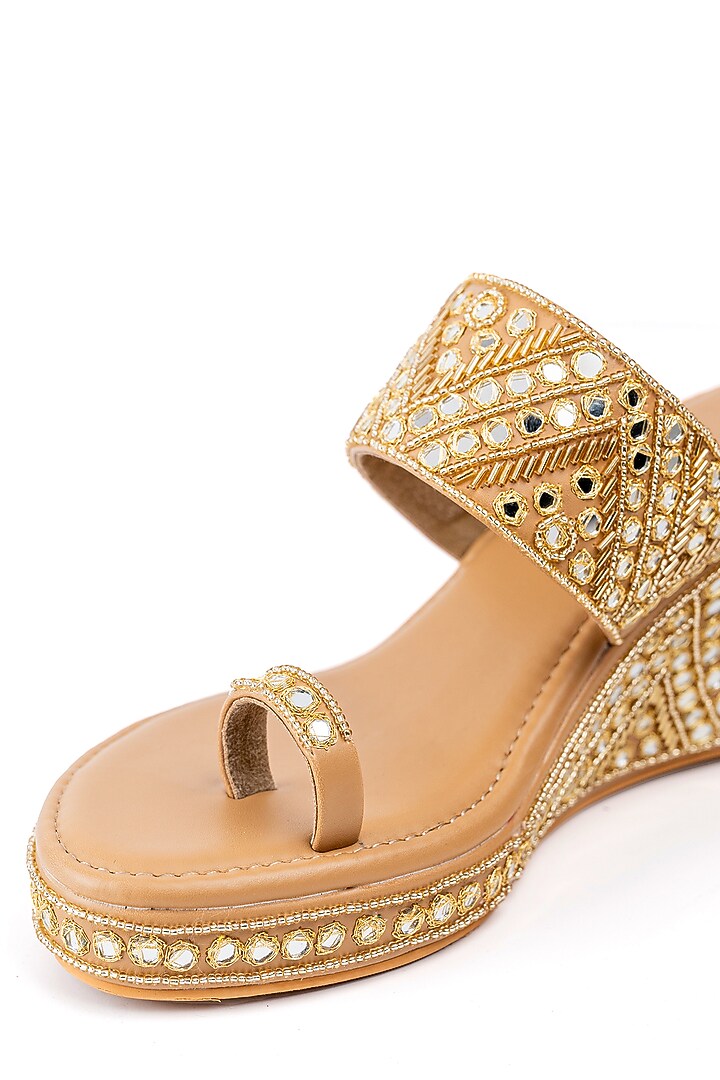 Beige Faux Leather Cutdana Hand Embroidered Wedges by Preet Kaur at Pernia's Pop Up Shop