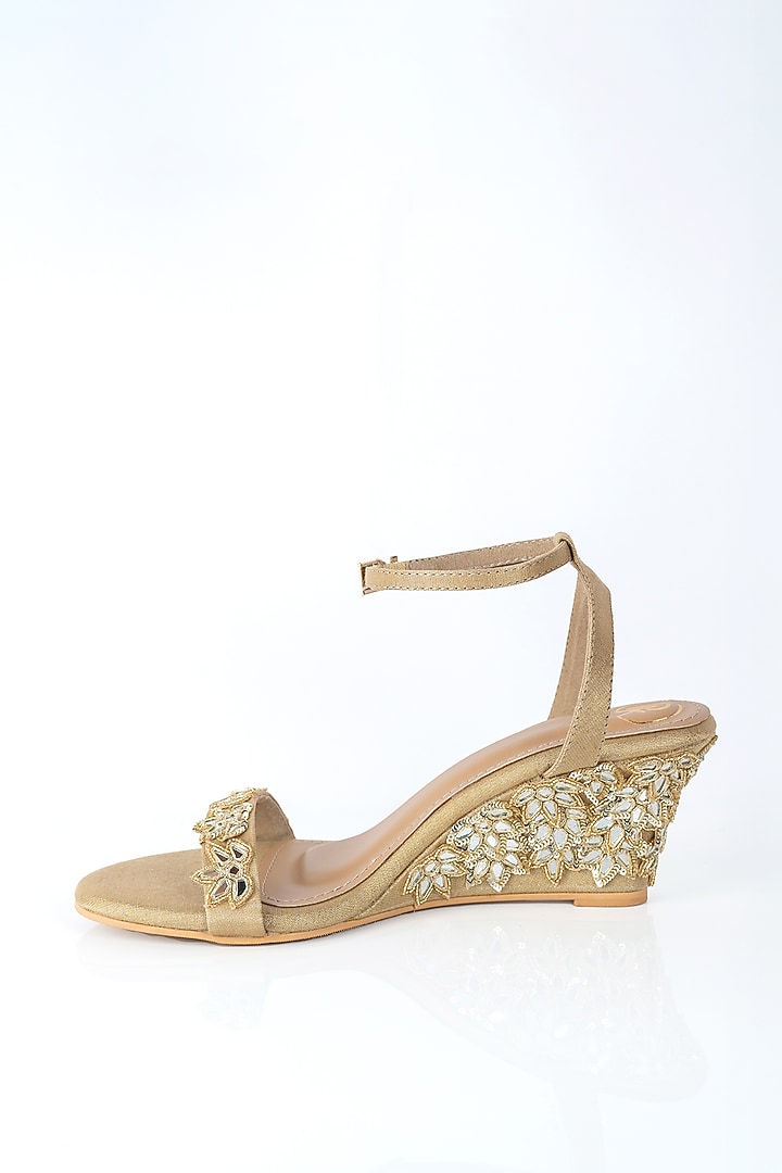 Gold Raw Silk Floral Hand Embroidered Heels by Preet Kaur at Pernia's Pop Up Shop