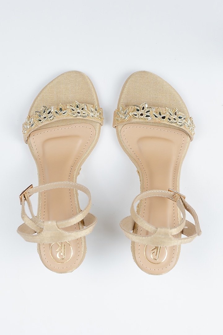 Gold Raw Silk Floral Hand Embroidered Heels by Preet Kaur at Pernia's Pop Up Shop