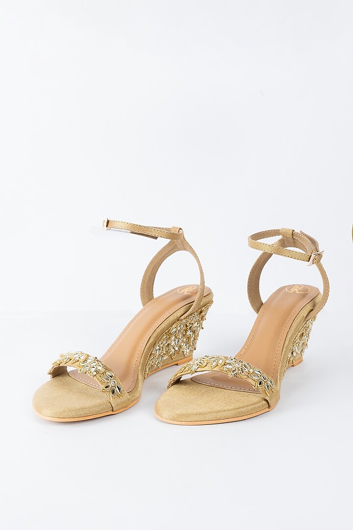 Gold Raw Silk Floral Hand Embroidered Heels by Preet Kaur at Pernia's Pop Up Shop