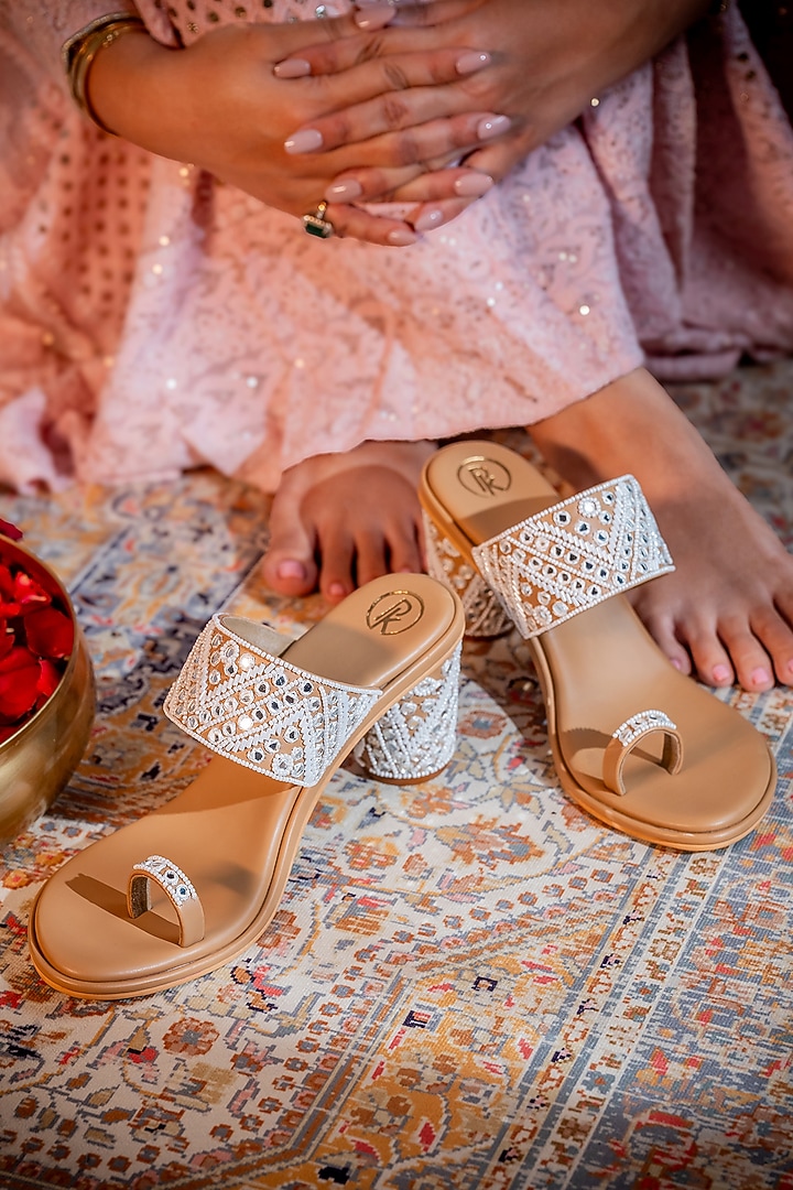 Cream & Tan Faux Leather Mirror Work Block Heels by Preet Kaur at Pernia's Pop Up Shop