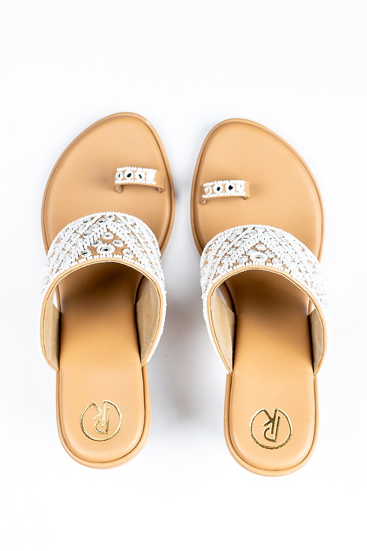 Cream & Tan Faux Leather Mirror Work Block Heels by Preet Kaur at Pernia's Pop Up Shop