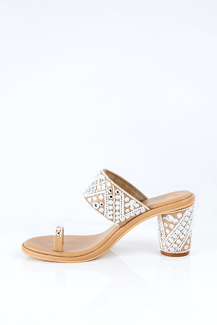 Cream & Tan Faux Leather Mirror Work Block Heels by Preet Kaur at Pernia's Pop Up Shop