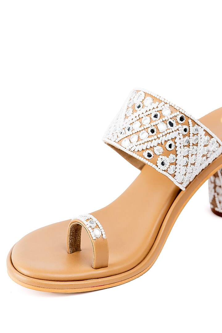 Cream & Tan Faux Leather Mirror Work Block Heels by Preet Kaur at Pernia's Pop Up Shop