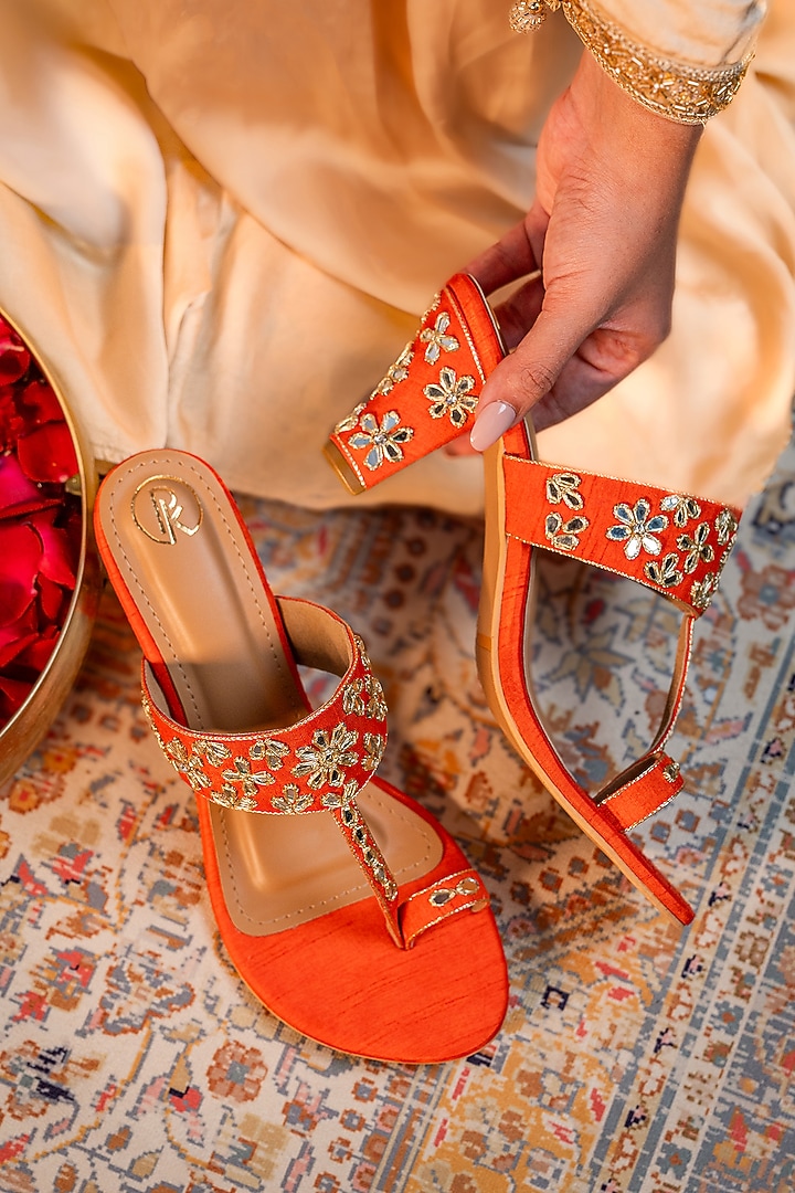 Orange Raw Silk Zari Hand Embroidered Kolhapuri Heels by Preet Kaur at Pernia's Pop Up Shop
