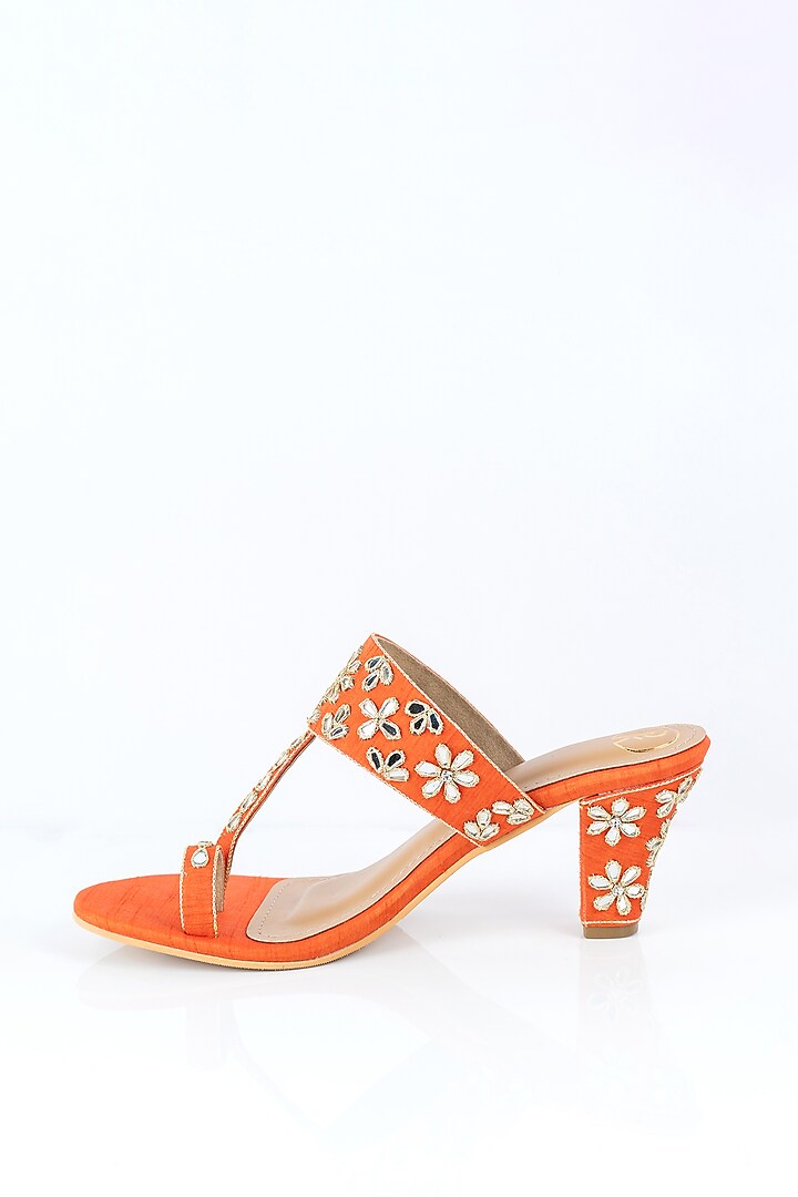 Orange Raw Silk Zari Hand Embroidered Kolhapuri Heels by Preet Kaur at Pernia's Pop Up Shop