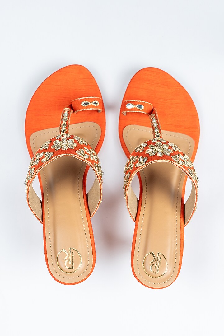 Orange Raw Silk Zari Hand Embroidered Kolhapuri Heels by Preet Kaur at Pernia's Pop Up Shop