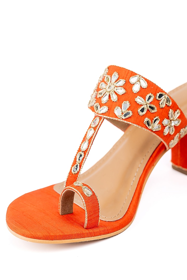 Orange Raw Silk Zari Hand Embroidered Kolhapuri Heels by Preet Kaur at Pernia's Pop Up Shop