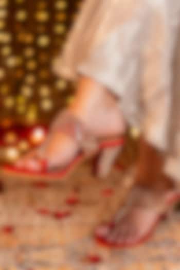 Red Raw Silk Mirror Work Kolhapuri Heels by Preet Kaur at Pernia's Pop Up Shop
