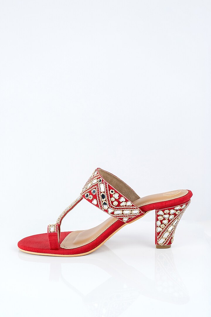 Red Raw Silk Mirror Work Kolhapuri Heels by Preet Kaur at Pernia's Pop Up Shop