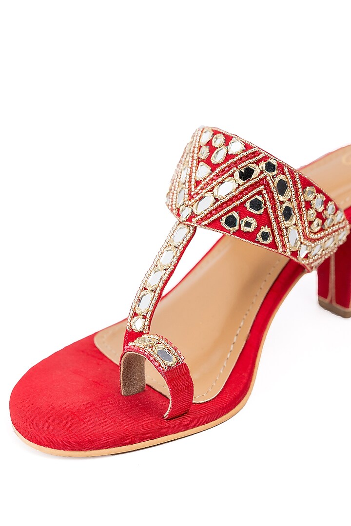 Red Raw Silk Mirror Work Kolhapuri Heels by Preet Kaur at Pernia's Pop Up Shop