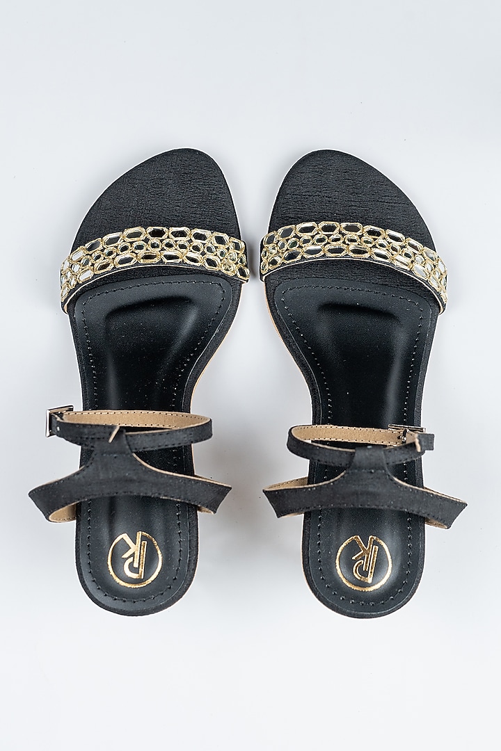 Black & Gold Raw Silk Mirror Work Block Heels by Preet Kaur at Pernia's Pop Up Shop