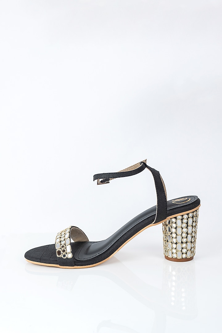 Black & Gold Raw Silk Mirror Work Block Heels by Preet Kaur at Pernia's Pop Up Shop