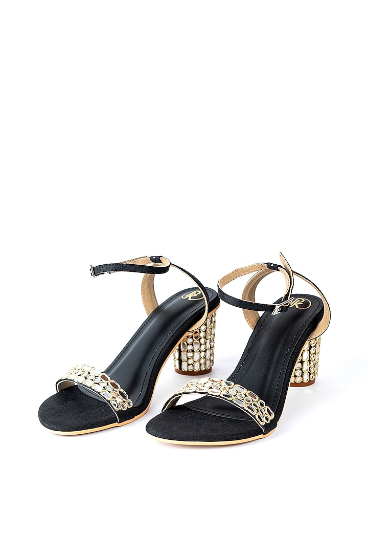 Black & Gold Raw Silk Mirror Work Block Heels by Preet Kaur at Pernia's Pop Up Shop