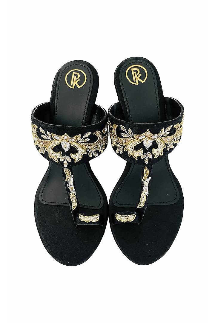 Black Satin & Faux Leather Embroidered Wedges by Preet Kaur