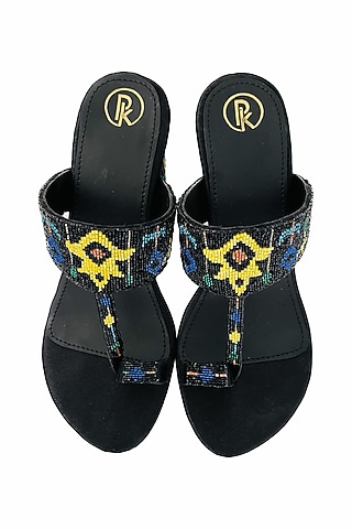 Black Satin & Faux Leather Cutdana Work Kolhapuri Heels by Preet Kaur