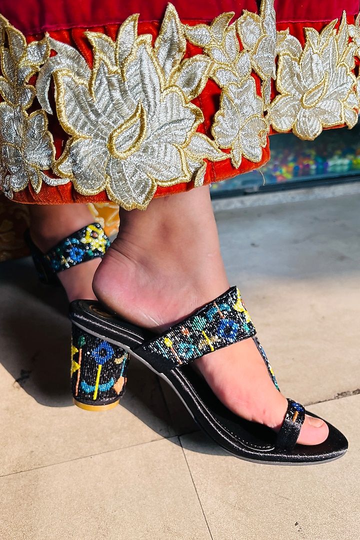 Black Satin & Faux Leather Cutdana Work Kolhapuri Heels by Preet Kaur at Pernia's Pop Up Shop