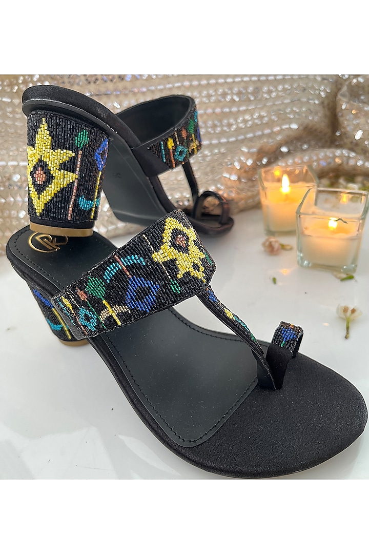 Black Satin & Faux Leather Cutdana Work Kolhapuri Heels by Preet Kaur at Pernia's Pop Up Shop