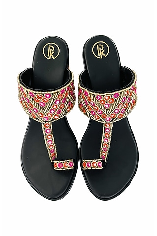 Black Satin & Faux Leather Cutdana Work Kolhapuri Heels by Preet Kaur
