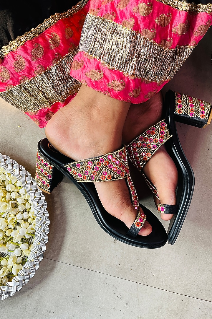 Black Satin & Faux Leather Cutdana Work Kolhapuri Heels by Preet Kaur at Pernia's Pop Up Shop