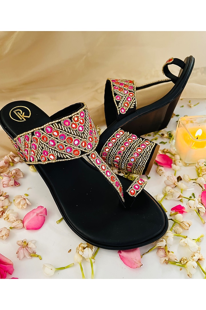 Black Satin & Faux Leather Cutdana Work Kolhapuri Heels by Preet Kaur at Pernia's Pop Up Shop