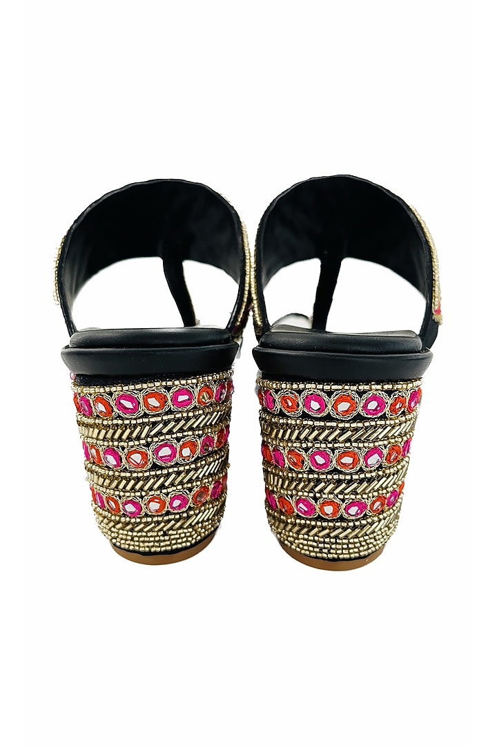 Black Satin & Faux Leather Cutdana Work Kolhapuri Heels by Preet Kaur at Pernia's Pop Up Shop