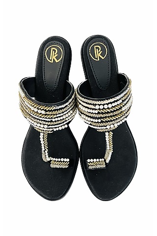 Black Satin & Faux Leather Resham Embroidered Kolhapuri Heels by Preet Kaur