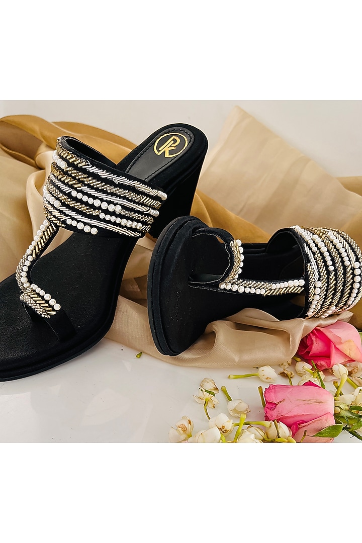 Black Satin & Faux Leather Resham Embroidered Kolhapuri Heels by Preet Kaur at Pernia's Pop Up Shop