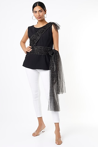 Black Top With Asymmetrical Drape by Pranati Kejriwal