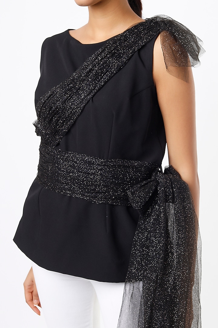 Black Top With Asymmetrical Drape by Pranati Kejriwal at Pernia's Pop Up Shop