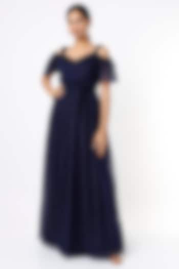 Navy Blue Net Cocktail Gown by Pranati Kejriwal