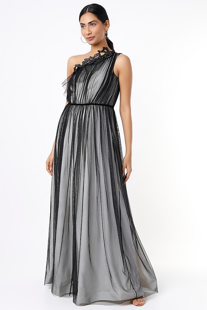 Black One-Shoulder Tulle Gown by Pranati Kejriwal