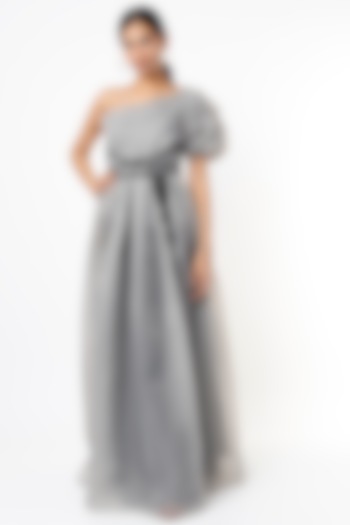 Grey One-Shoulder Pleated Gown by Pranati Kejriwal