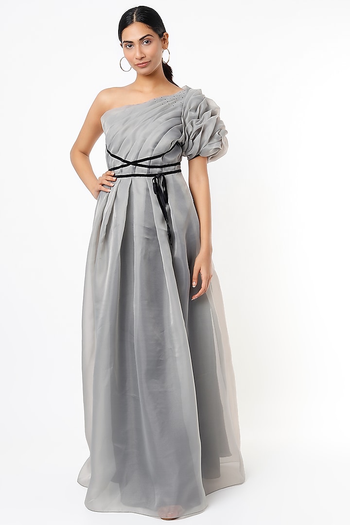 Grey One-Shoulder Pleated Gown by Pranati Kejriwal