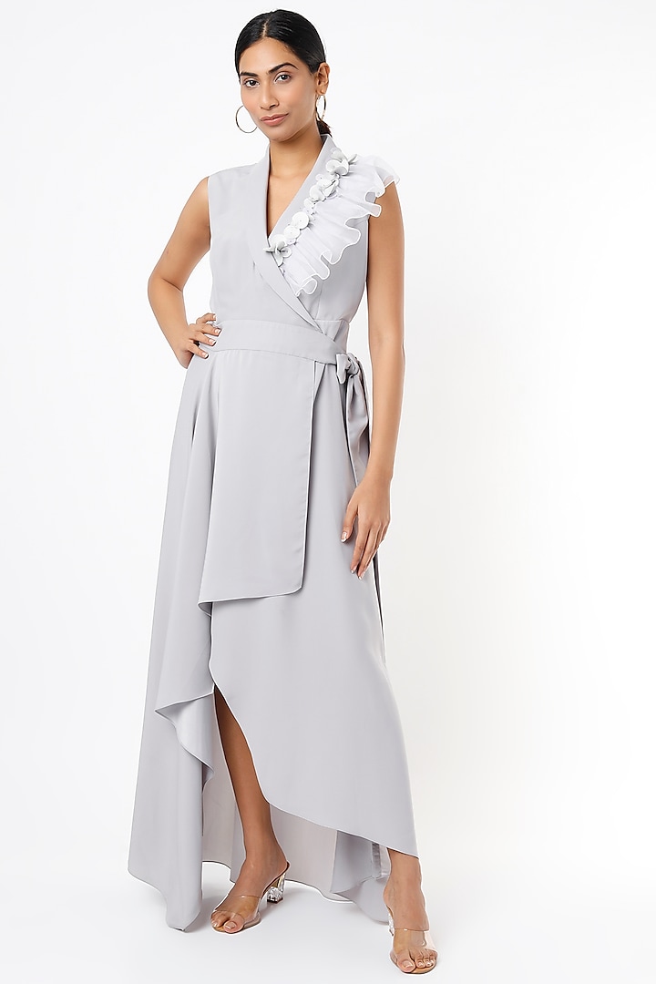 Grey Asymmetrical Wrapped Dress by Pranati Kejriwal at Pernia's Pop Up Shop