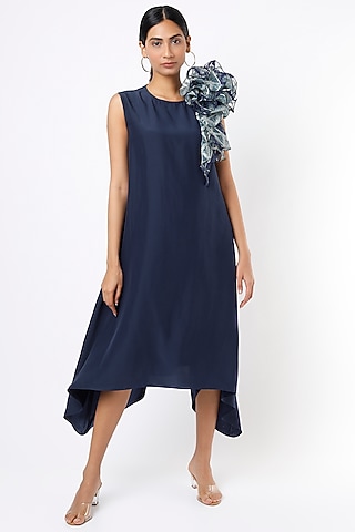 Navy Blue Crepe Satin Dress With Belt by Pranati Kejriwal