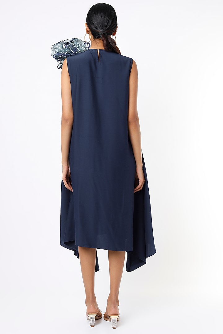 Navy Blue Crepe Satin Summer Dress With Belt by Pranati Kejriwal at Pernia's Pop Up Shop