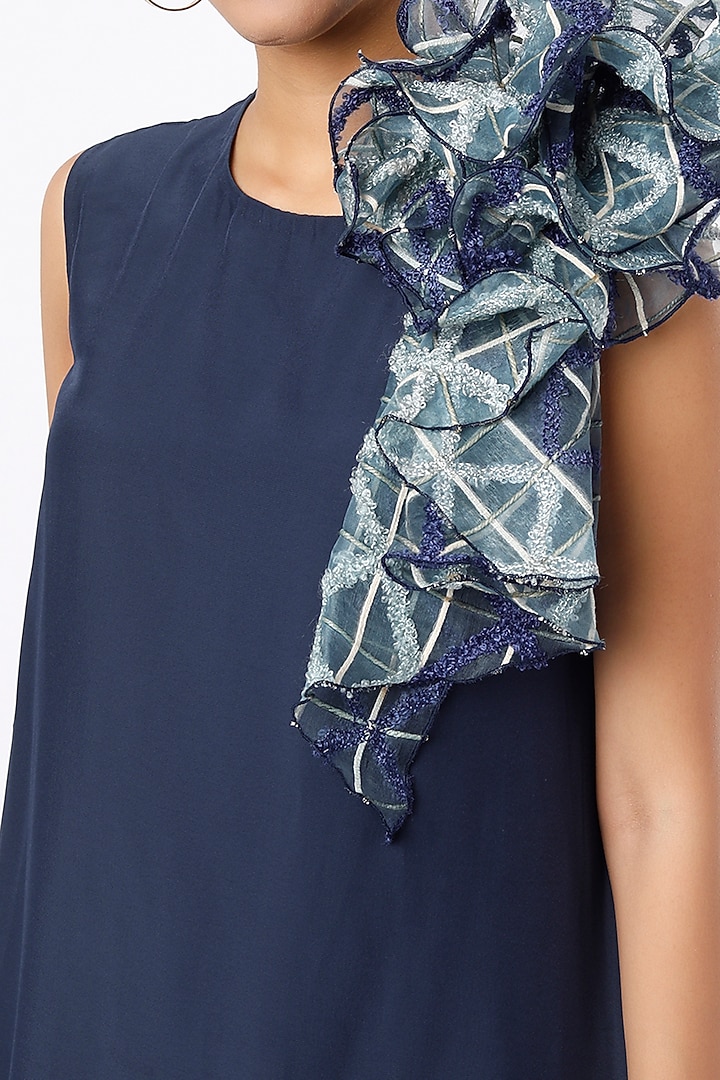 Navy Blue Crepe Satin Summer Dress With Belt by Pranati Kejriwal at Pernia's Pop Up Shop