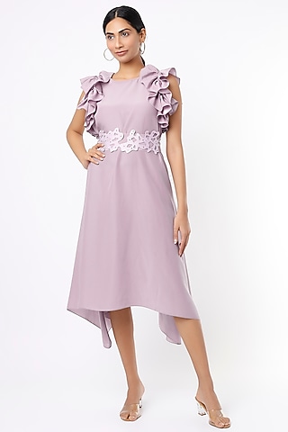 Lilac Ruffled Satin Dress by Pranati Kejriwal