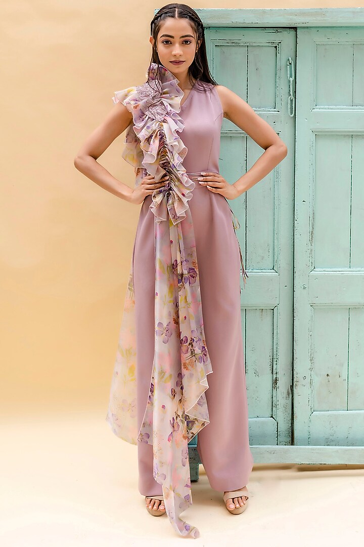 Mauve Crepe & Organza Jumpsuit by Pranati Kejriwal