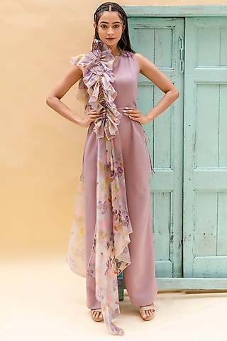 Mauve Crepe & Organza Jumpsuit by Pranati Kejriwal