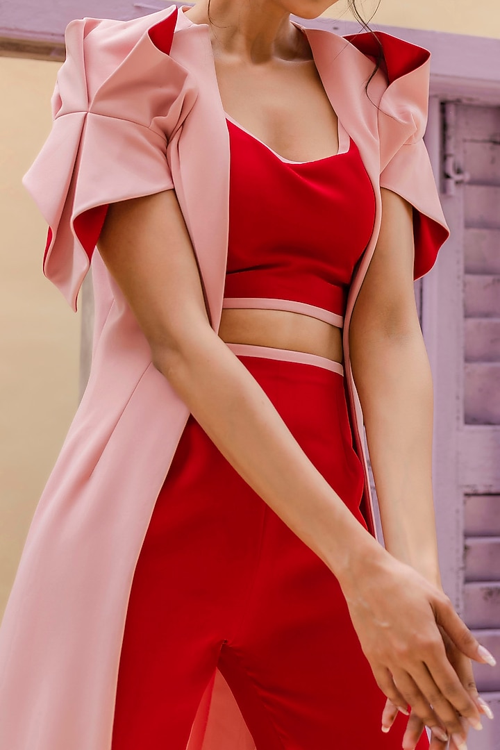Red Crepe Origami Sleeve Jacket Set by Pranati Kejriwal at Pernia's Pop Up Shop