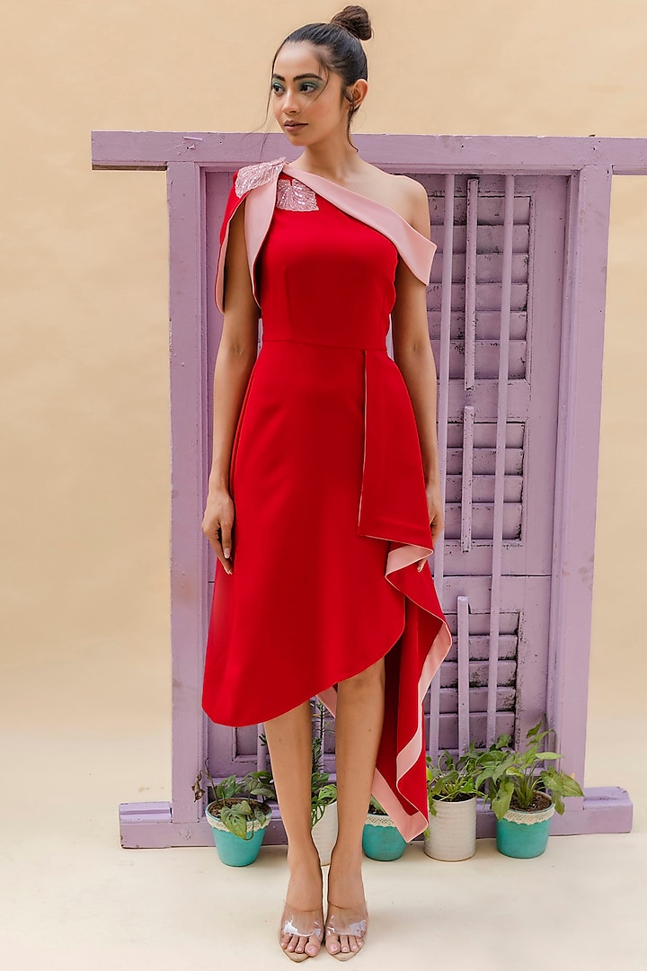 Red Crepe Tulip Sleeve Asymmetric Dress by Pranati Kejriwal