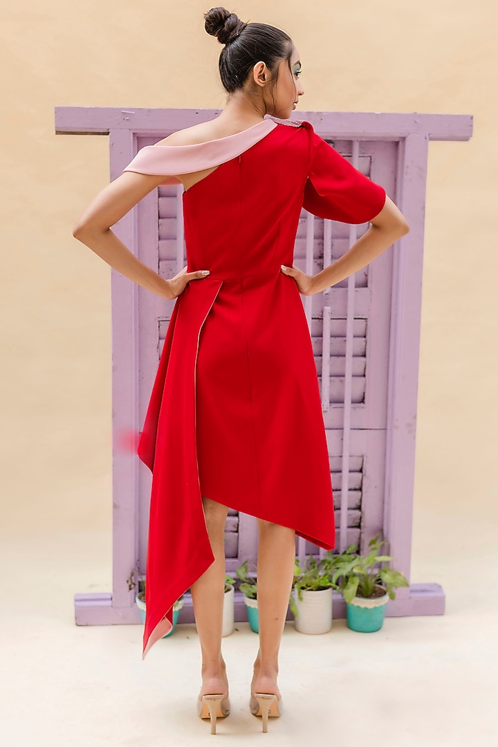 Red Crepe Tulip Sleeve Asymmetric Vacation Dress by Pranati Kejriwal at Pernia's Pop Up Shop